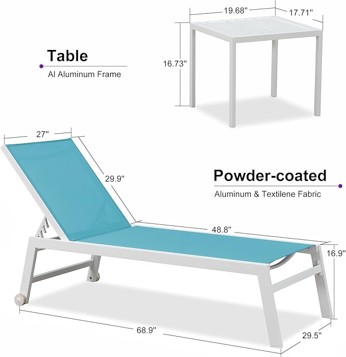 PURPLE LEAF Oversize Outdoor Chaise Lounge Set of 4 Outdoor White Aluminum Lounge Chairs with Side Table and Wheels Patio Lounge Chair for Yard Pool Deck, Turquoise