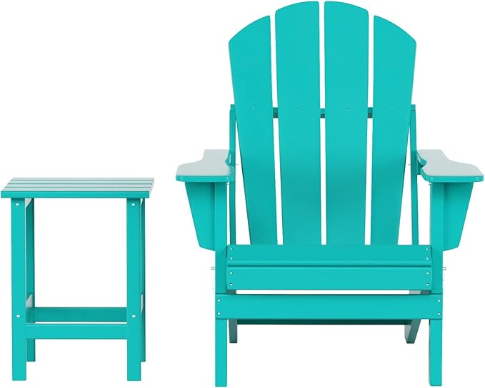WO Home Furniture Adirondack Chair Table Set of 2 PCS Outdoor Folding Chair w Side Table Weather/UV Resistant for Lawn, Garden, Bon Fire, Balcony (Turquoise)