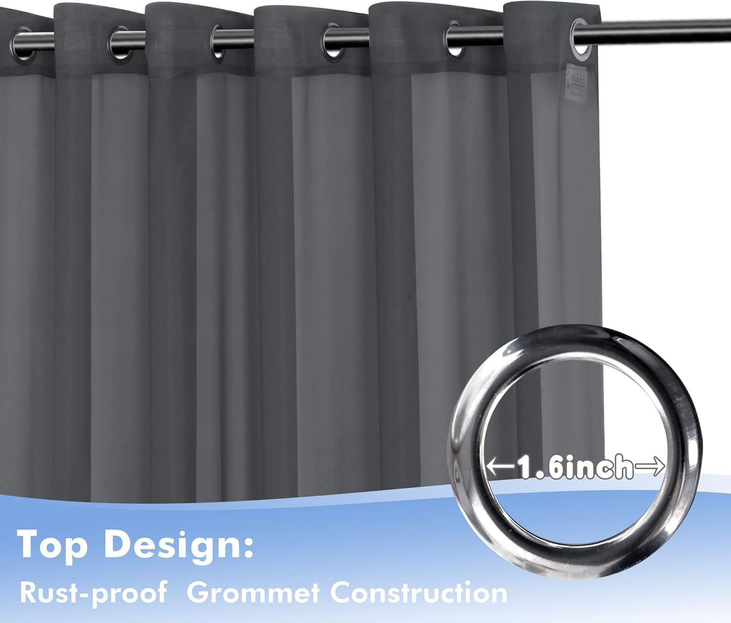 HolidayIdeas Outdoor Sheer Curtains for Patio Waterproof, 2 Panels - 54 x 84 Inch - Grey Light Filtering Voile Outside Curtains Grommet Drapes for Front Porch, Gazebo, Pergola, Backyard