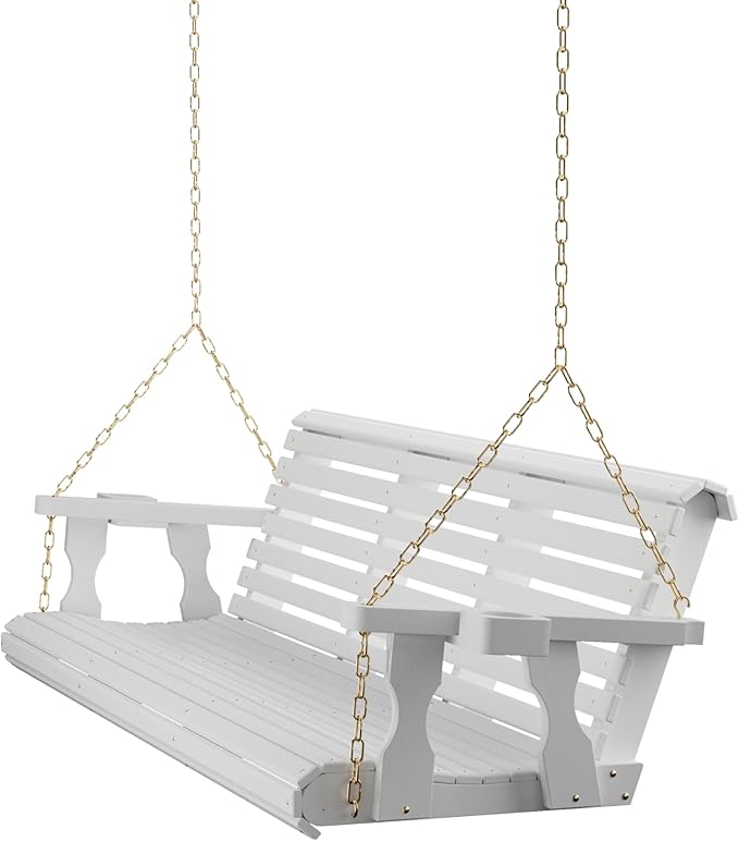 Amish Casual 6 Foot Roll Back Porch Swing with Cup Holders in Semi-Solid White Stain - Amish Made in The USA from Treated Pine Heavy Duty 700 Lb. Weight Capacity