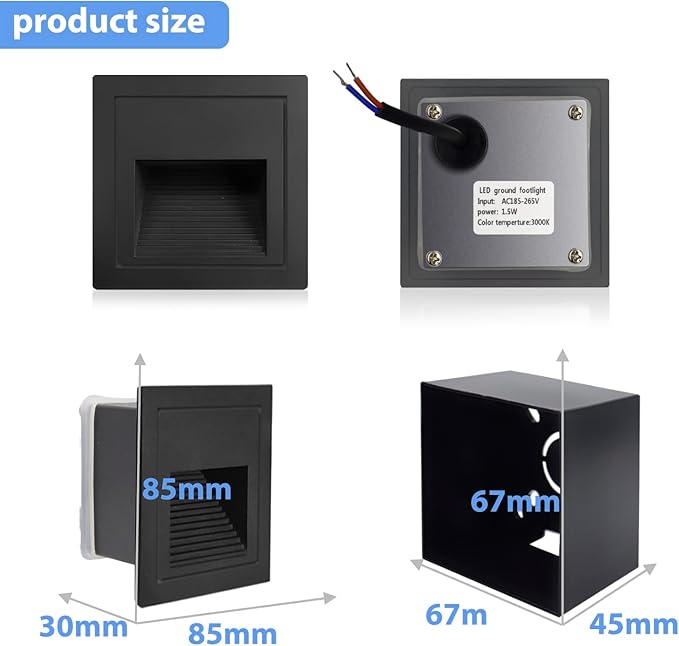 1pcs/3W Wall Recessed Stair Lights LED,Warm White,Indoor Step Light,Square Recessed Wall Light,Black Cover Staircase Light IP20 for Indoor Stairs, Home, Kitchen, Attic, Aisle