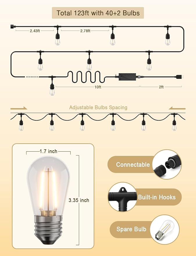 XMCOSY+ Smart Outdoor String Lights, 123Ft LED Patio Lights Waterproof IP65, App Control, Compatible with Alexa, Dimmable Edison Bulbs Outdoor Light for Yard Porch Bistro Outside