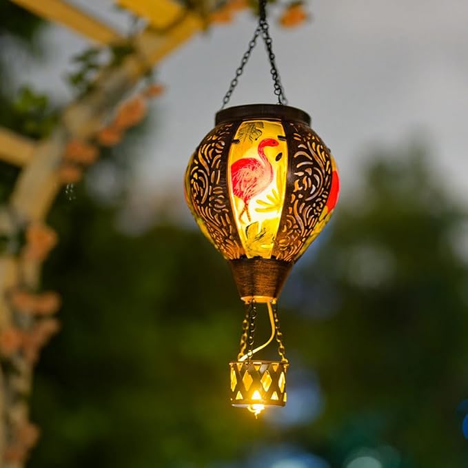 Flamingo Hot Air Balloon Solar Lanterns Outdoor Waterproof,Metal Garden Decor Solar Hot Air Balloon Lantern with Flame Flickering Lights for Patio,Porch,Yard Decor Mother Day Gifts for Women