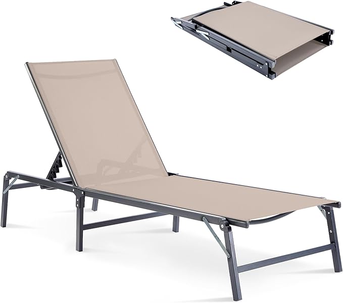 Outdoor Chaise Lounge Chair, Foldable & Assemble-Free, 6 Adjustable Positions, Durable Rust-Resistant Frame, Portable Outdoor Pool Lounge Chairs for Pool Patio Beach, Khaki
