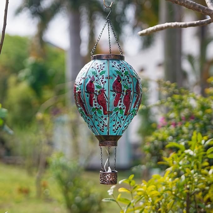 DREAMSOUL Cardinal Large Solar Hot Air Balloon Lantern with Flame, Glass Hanging Solar Lanterns Outdoor Waterproof for Garden Yard Patio Decor