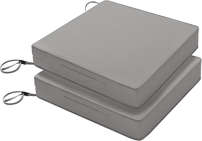 Favoyard Patio Chair Cushions 24 x 24 x 4 Inch Waterproof Outdoor Seat Cushions for Patio Furniture 3-Year Color Fastness Garden Sofa Couch Chair Pads with Handle & Adjustable Straps Set of 2, Grey