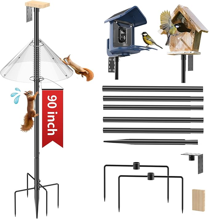 Bird Feeder Pole with Squirrel Baffle - 90 Inch Bird House Pole for Outdoors Heavy Duty, Squirrel Proof Baffle with Stainless Steel Spring for Better Defense, Slip-Fit Connection