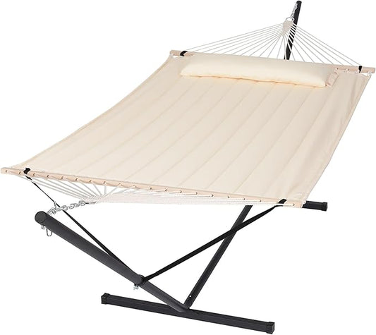 SUNCREAT Hammocks Extra Large Double Hammock with 12 ft Stand, 475lbs Capacity, Outdoor Portable Hammock with Hardwood Spreader Bar, Extra Large Pillow, Beige