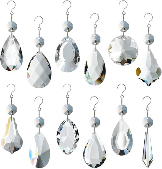 12pcs Glass Crystal Chandelier Prisms, Rainbow Hanging Crystals Suncatcher for Windows, Home Decoration