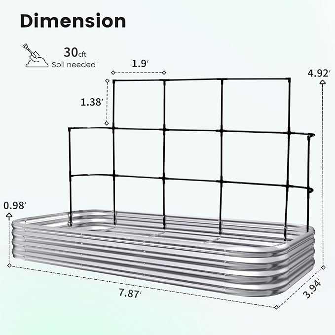 KING BIRD Raised Garden Bed with Wall Trellis Galvanized Planter Garden Box Outdoor for Gardening, Climbing Vegetables, Flowers 7.87x3.94x0.98 Ft, Silver