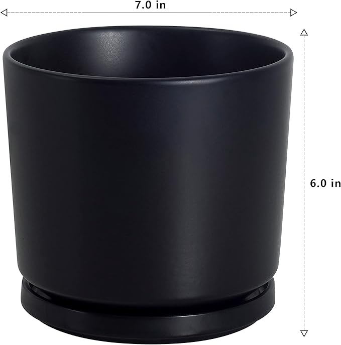 Ekirlin 7 inch Plant Pots,Ceramic Flower Planters Indoor,Modern Succulents Containers with Drain Hole Saucer,Decorate Home,Office & Outdoor (Black)