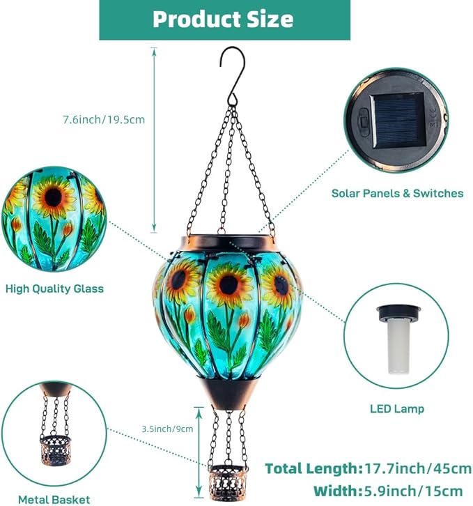 Starsoul Sunflower Hot Air Balloon Solar Lantern - Glass Outdoor Flickering Flame Light, Waterproof Hanging Lamp for Garden, Patio, Yard, Party Decor