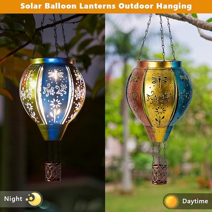 Starsoul Hot Air Balloon Solar Lantern with Dragonfly Projection Metal Outdoor Waterproof Hanging Hot Air Balloon Solar Lights for Garden Yard Patio Decor