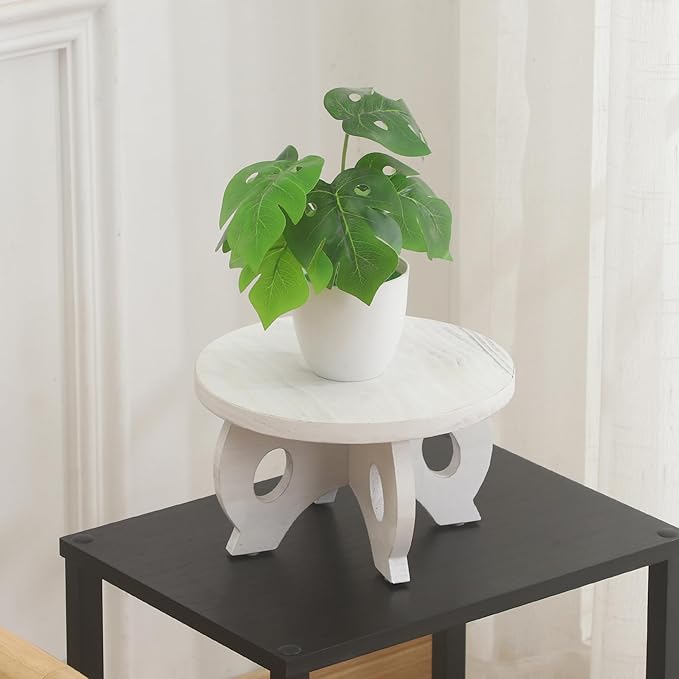Small Plant Stand Kitchen Display Stand 10 inch Plant Holder Plant Stool Round Stand Risers Farmhouse Rustic Balcony Decor Pedestal Board Washed White
