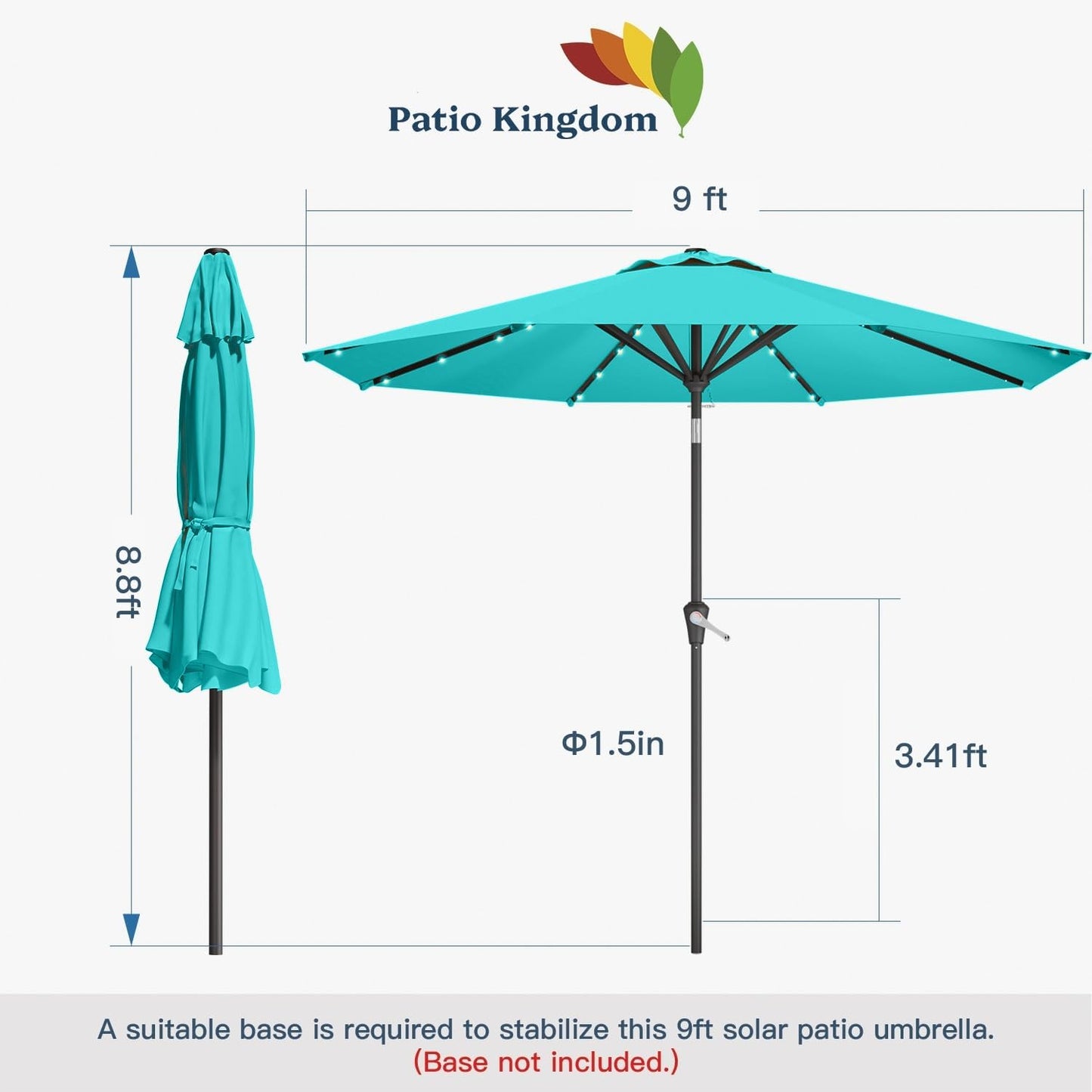 9FT Solar Umbrella 32 LED Lighted Patio Umbrella Table Market Umbrella w/Tilt and Crank, UV-Resistant Outdoor Umbrella for Pool, Garden, Deck, Aqua Blue