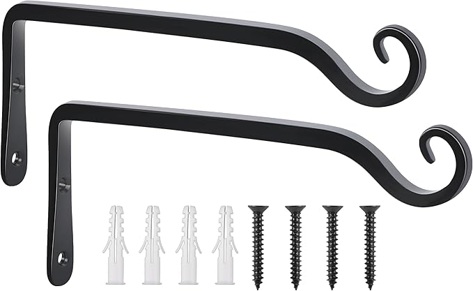 FEED GARDEN Wall Hook Hanging Plant Bracket 10 Inch 2 Pack, Hand-Forged Plant Hanger for Hanging Bird Feeders, Wind Chimes, Flower Baskets, Yoga Mat, Indoor/Outdoor Use, Black