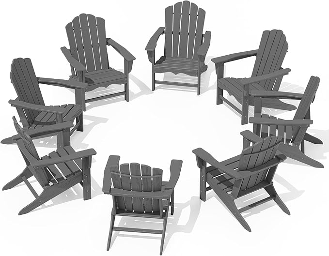 KINGYES HDPE Adirondack Chair Set of 8, Classic Oversize Adirondack Chair, Grey