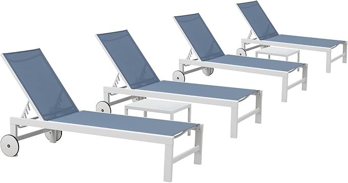 PURPLE LEAF Outdoor Chaise Lounge Set of 4 White Aluminum Lounge Chair Outdoor with Wheels Five-Position Adjustable Patio Lounge Chair for Pool Deck Yard, Indigo