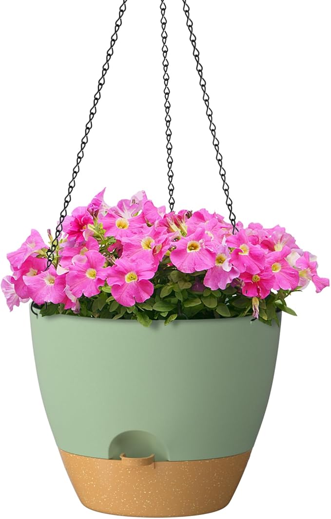 ZMTECH 12 Inch Hanging Planters for Indoor Outdoor Plants, 1 Pack Self Watering Hanging Plant Pots with Drainage Holes and Removable Saucer, Plastic Flower Hanging Pots with Watering Lip (Green)