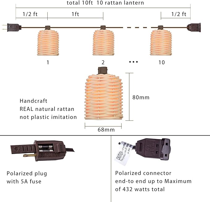 Natural Rattan String Lights, 10 Rustic Raffia Cage,10 Ft Plug in & Connectable Wicker Lights, Rustic Farmhouse Style for Room,Garden,Deck,Patio Decorations, Natural Color Rattan