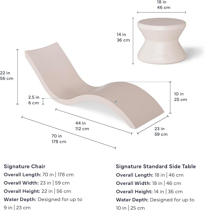 Oasis Chaise Lounger Set - Includes 2 Chaises + 1 Side Table (no Hole) - Inside Pool & Sun Shelf Lounge Chair - Designed for Shallow Shelves Up to 9” - No Metal - Safe for All Pools - All Weather