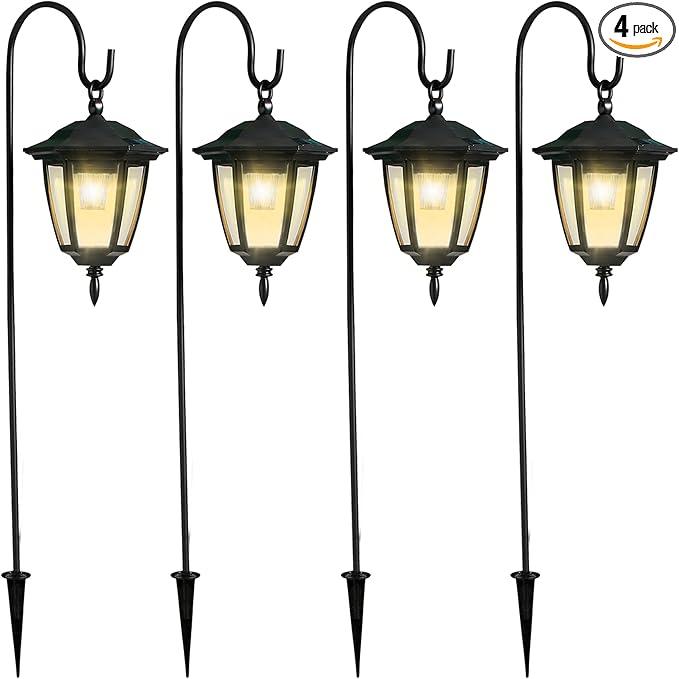 Dynaming 4 Pack Solar Hanging Lights Outdoor, Solar Powered Garden Decorative Lanterns with 4 x 38 Inch Shepherd Hooks, Waterproof Landscape Lighting for Lawn Patio Yard Pathway Driveway, Warm White