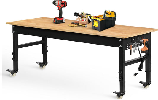 70" Adjustable Workbench on Wheels, 2000 LBS Heavy Duty Work Table with Power Outlets & Pegboard, Rubber Wood Workstation for Garage, Workshop, Office, Home, Commercial
