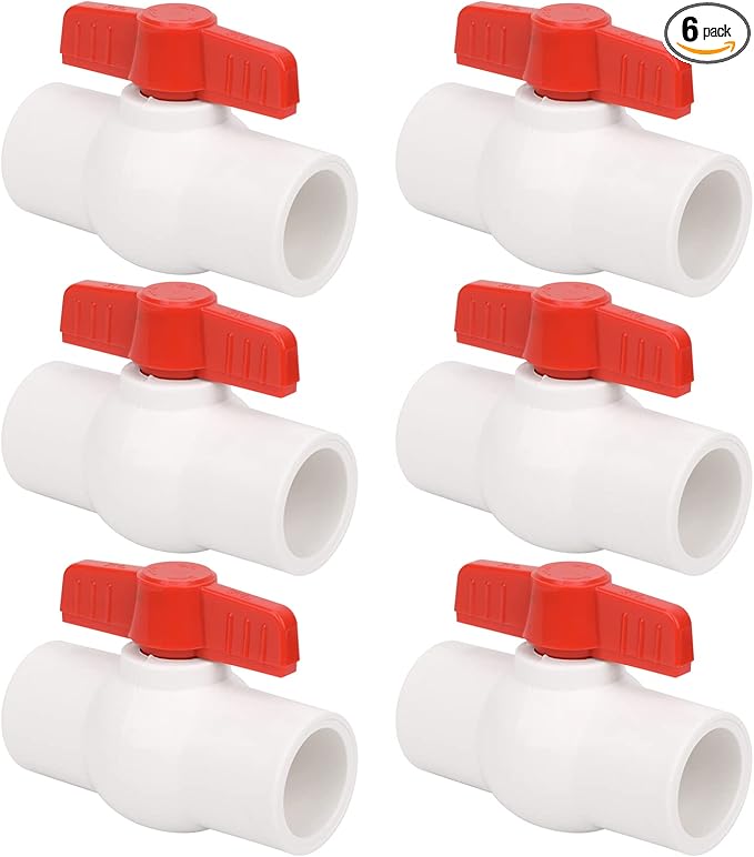 6Pcs 3/4" PVC Ball Valve Water Pipe Shut-off Valve Socket with Red T-Handle for Cold Water Supply lines, Irrigation Pipe fitting System(Socket x Socket), Schedule 40