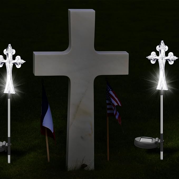 Riakrum 4 Piece Solar Cross for Cemetery Grave Grave Crosses for Cemetery Memorial Stake Solar Lights Waterproof Outdoor Garden Stake Cemetery Cross for Grave Yard Decorations, 16 Inches Long