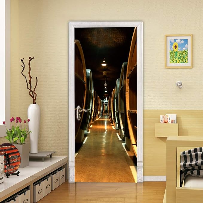 3D Door Stickers Murals Peel and Stick - Wine Cellar Wallpaper Self-Adhesive Decals - Removable PVC Waterproof Poster for Bedroom Living Room 34.6" x 78.7"