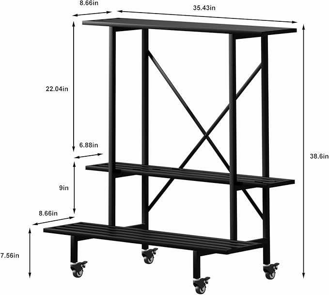 Zhongma 3 Tier Plant Stand with Wheels, Heary Duty Metal Plant Stand, 35.43 L x 17.5 W x 38.6H . Space saving Plant Stand