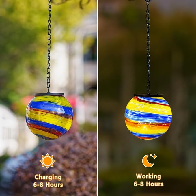 Colorful Hanging Solar Lanterns Outdoor Waterproof 4.7" Glass Solar Golbe Lights with Metal Chain,Gazing Ball Garden Decorative Lanterns for Patio Pathway Porch Yard Decor