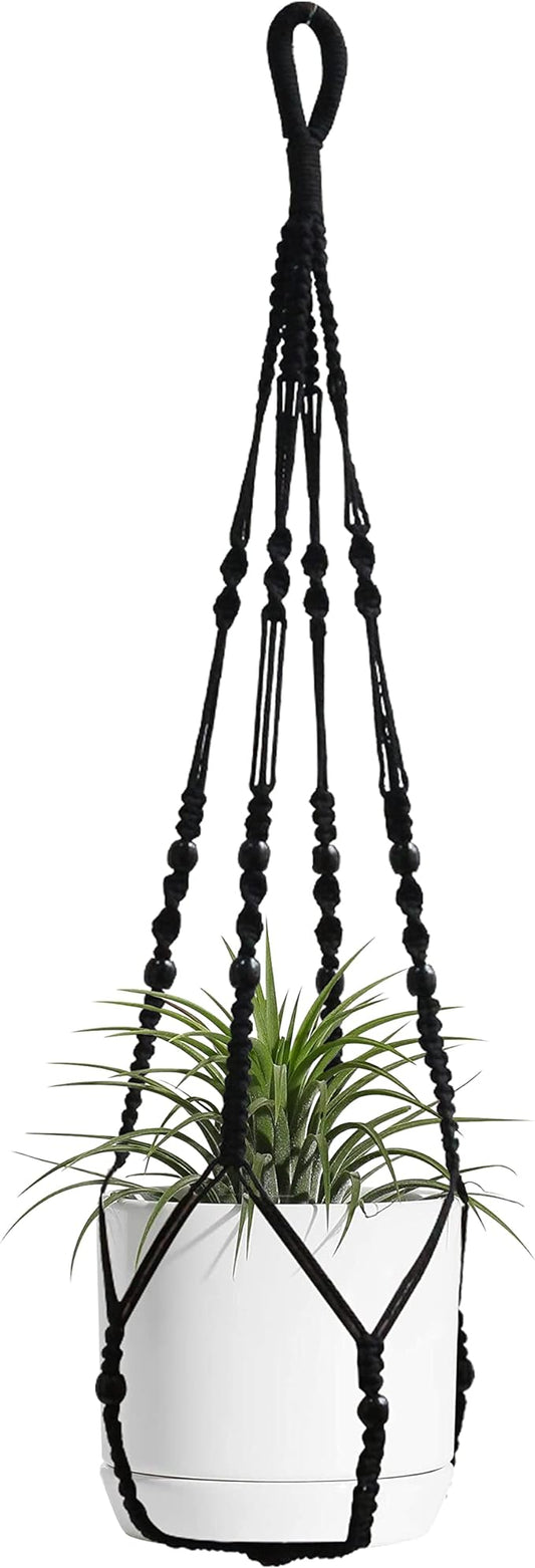 Macrame Plant Hanger Indoor Hanging with Wood Beads Macrame Planters No Tassel for Indoor Outdoor Boho Home Decor 35 Inch (Black,1pc)