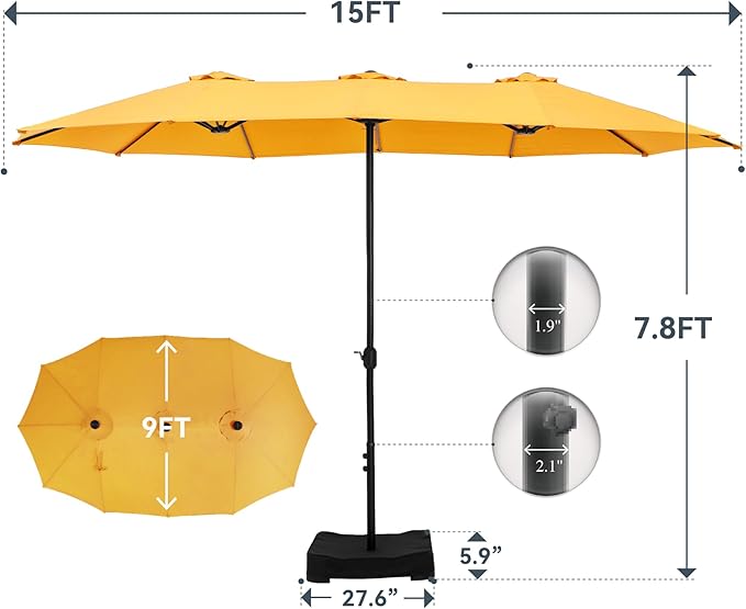 GREEN PARTY 15 ft Rectangle Patio Umbrella with Base Included, Double-Sided Table Umbrella with Crank, Large Outdoor Umbrellas for Patio Poolside Garden Backyard, Gold Yellow