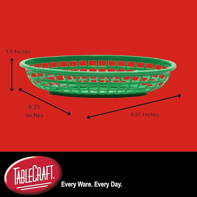 TableCraft C1074G Oval Cash and Carry Basket, Green, Stackable Plastic Food Baskets, 9.31" x 6.18" x 1.88", Pack of 12, Dishwasher Safe