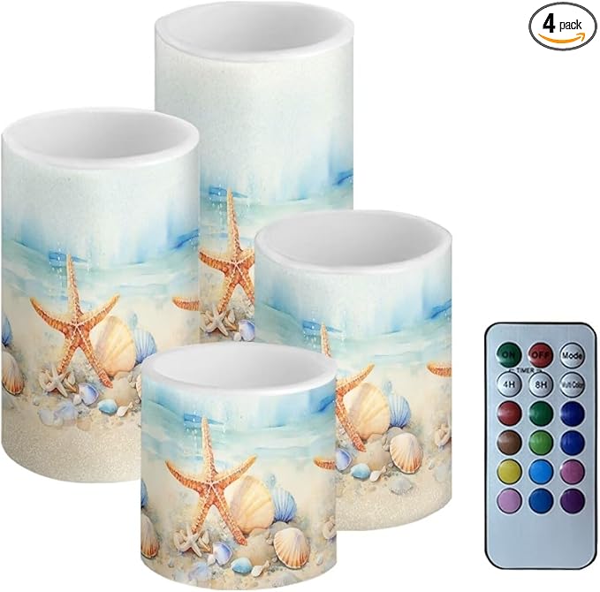 Flameless Candles Battery Powered LED Candles with Remote Timer Color Changing Control Long Lasting for Indoor Outdoor Home Coastal Decoration Pack of 4, Starfish Seashell Painting