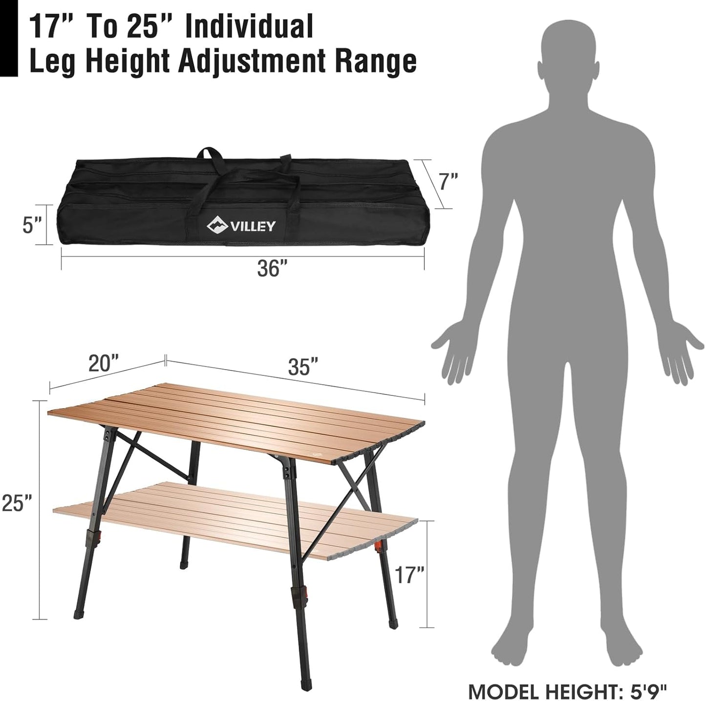 VILLEY Portable Camping Table with Adjustable Legs, Lightweight Aluminum Folding Beach Table with Carrying Bag for Outdoor Cooking, Picnic, Beach, Backyards, BBQ and Party