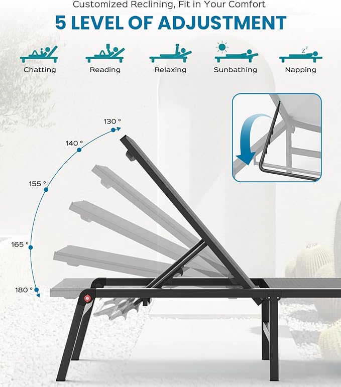Pool Lounge Chairs Set of 3 (2 Chairs and 1 Side Table), Foldable Aluminum Chaise Lounge Outdoor with 5 Positions Recliner - Free Assembly - Patio Chaise Lounge Chair for Poolside, Yard