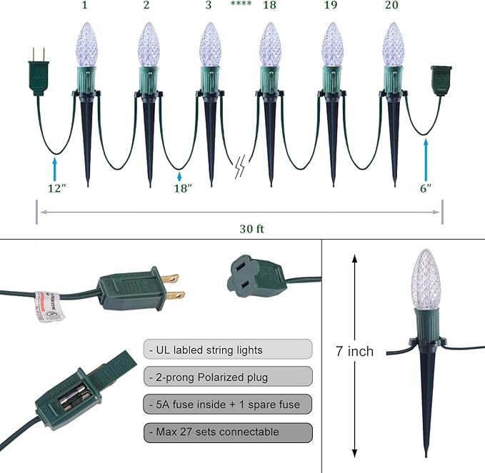 C9 Christmas Pathway Lights with Stakes,Cold White,2 Pack Total 60 Ft 40 Strawberry LED Bulbs,Connectable Shatterproof Outdoor Lights Marker for Xmas Yard Garden Path Lawn Walkway Sidewalk