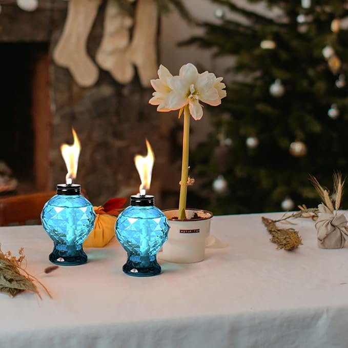 Tewei 4 Pack Blue Table Top Light Torches Outdoor, Mini Glass Torches Lanterns for Outside, Easy to Refill Citronella Torches for Garden Patio Yard Party