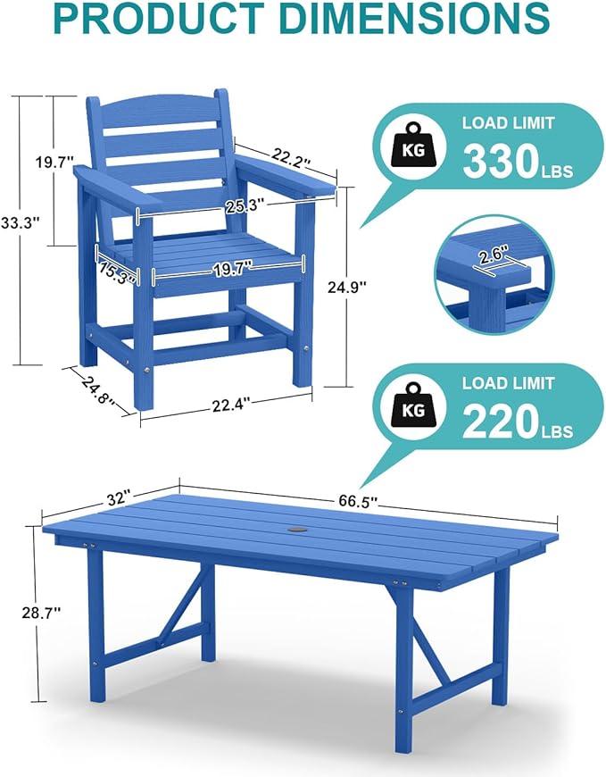 Patio Dining Set for 6 with Umbrella Hole - 66" Outdoor Table & 6 Chairs, All-Weather HDPE Outdoor Furniture for Lawn, Garden, Backyard, Poolside, Navy