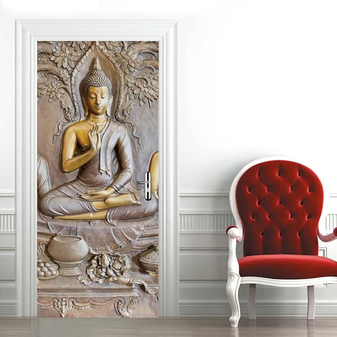 3D Door Stickers - Buddha Statue Murals - Peel & Stick Wallpaper - Self-Adhesive Decals - Removable PVC Waterproof - Bedroom & Living Room - 33.9" x 78.7"