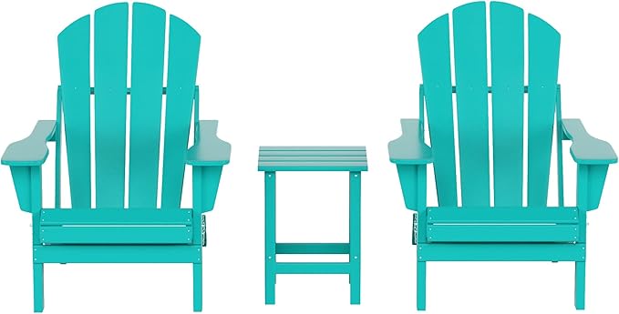 WO Home Furniture Adirondack Chairs Table Set of 3 PCS Outdoor Folding Chairs Side End Table Weather/UV Resistant for Lawn, Garden, Bon Fire, Balcony (Turquoise)