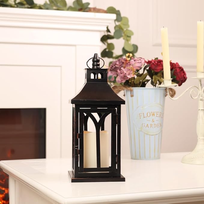 DECORKEY Decorations for Home, Decorative Led Candle Lantern Indoor Outdoor Decor, Metal Hanging Candle Holder with Xmas Teardrop Wreath and LED Candle for Table Centerpieces, Patio (Black)