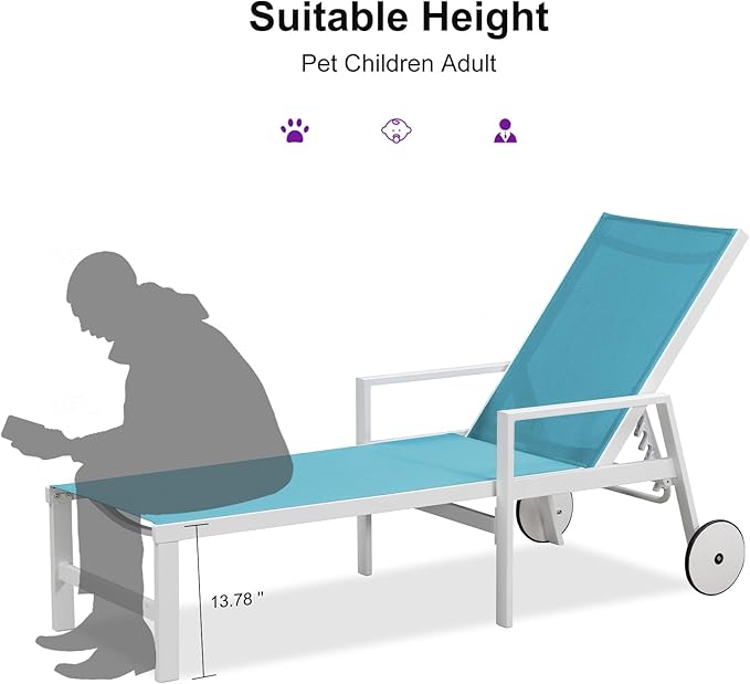 PURPLE LEAF Outdoor Lounge Chairs Set of 4 White Aluminum Chaise Lounge Chair Outdoor with Wheels and Armrest for Patio Deck Pool Side Table Include, Turquoise