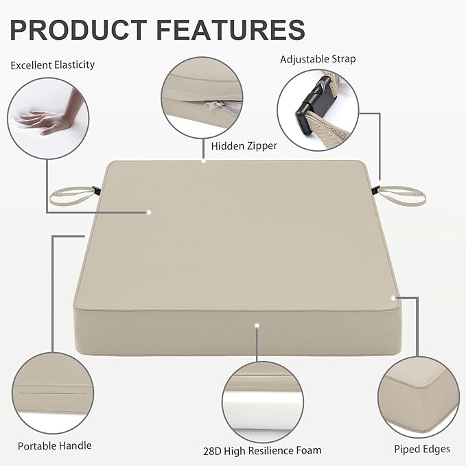 Favoyard Patio Chair Cushions 22 x 22 x 3 Inch Waterproof Outdoor Seat Cushions for Patio Furniture 3-Year Color Fastness Garden Sofa Couch Chair Pads with Handle & Adjustable Straps Set of 2, Beige