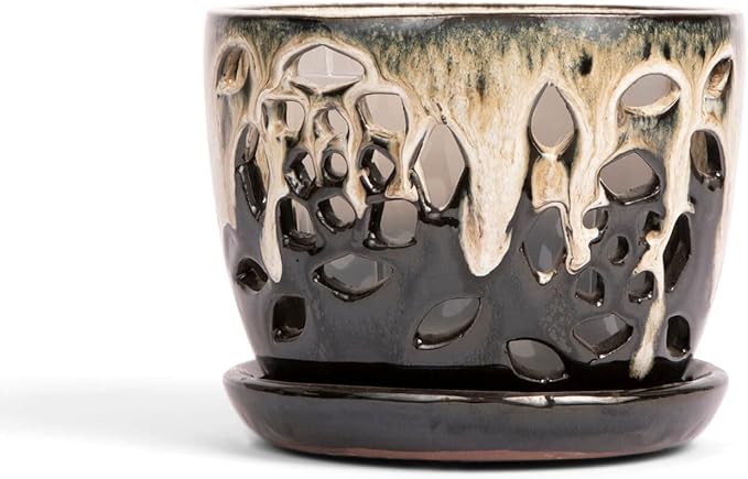 rePotme 5 inch Floral Cutout Ceramic Orchid Pot (Honey Cream Over Coffee)