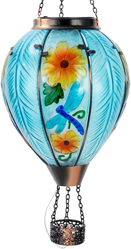Starsoul Large Solar Hot Air Balloon Lantern with Flame Dragonfly Glass Hanging Outdoor Hot Air Balloon Solar Light Waterproof Garden Patio Yard Party Decorations