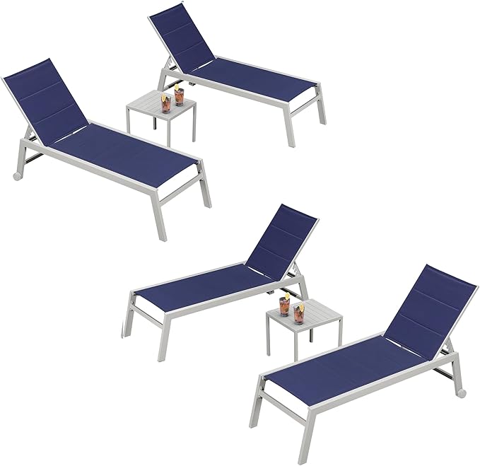 PURPLE LEAF Outdoor Chaise Lounge Adjustable Sunbathing Recliner with Side Table Navy Blue 2 Sets