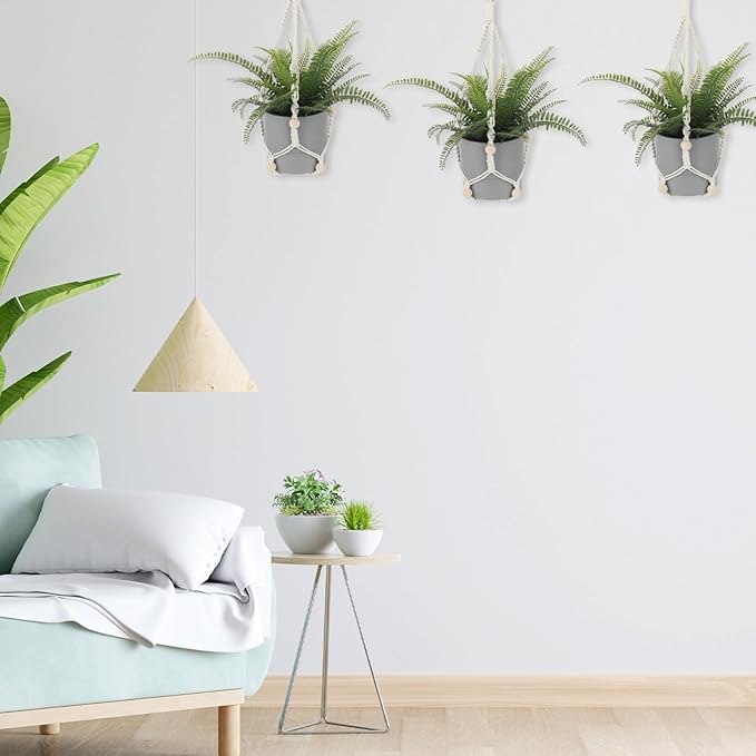 Macrame Plant Hanger Indoor, 2 Pack Boho Decor Hanging Plant Holder Hanging Planters for Indoor Plants Window Plant Hanger Flower Pot Hanging Basket with Wood Beads and Metal Hook Rings Ivory 20 Inch